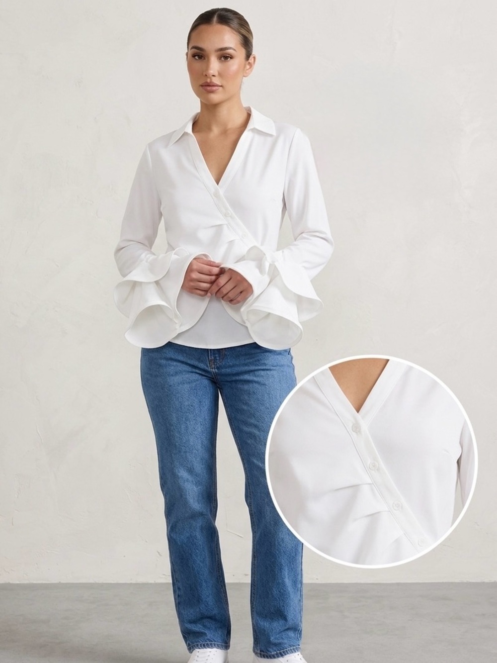 Fashion Nova White Wrap Blouse with Ruffle Cuffs NWT